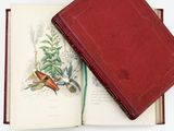 a red book with a picture of a bird on top of it