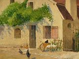 une peinture représentant un cheval et une calèche devant une maison