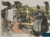 un dessin représentant une femme debout devant une croix