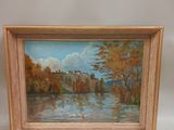 an oil painting of a river scene with a castle in the distance