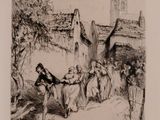 a black and white drawing of a horse drawn by a man