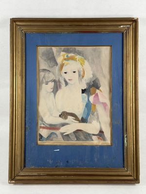 painting of a woman in a blue dress holding a cat
