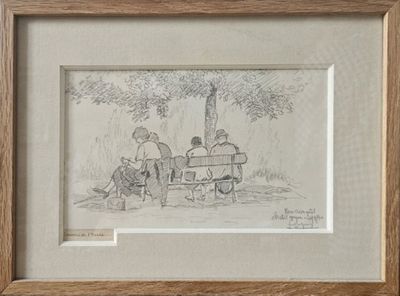 dessin représentant trois personnes assises sur un banc sous un arbre