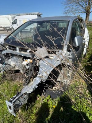 a car that has crashed into a tree in the grass
