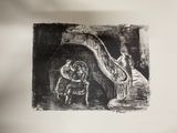 a black and white drawing of a woman sitting in a chair
