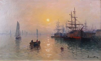 un tableau représentant des bateaux sur l'eau au coucher du soleil