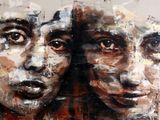 painting of two faces of a woman and a man with different colors