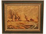 un tableau représentant un paysage avec un moulin à vent au loin
