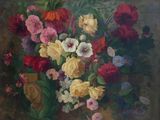 a painting of flowers in a vase on a table