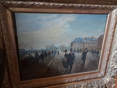 a painting of people walking down a street in a city