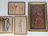 four framed drawings of a man and a woman on a wall