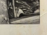a black and white drawing of a man sitting in a window