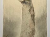 an old picture of a woman in a long dress holding her arms out