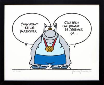 une illustration représentant un rhinocéros avec une médaille et des bulles de dialogue