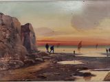 a painting of people walking on the beach at sunset