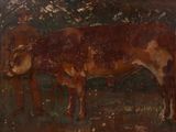 un tableau représentant une vache debout dans un champ