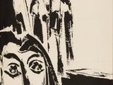 dessin en noir et blanc représentant le visage d'une femme devant un crucifix