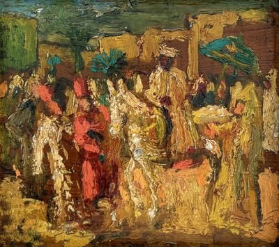 an oil painting of a group of people standing around a table