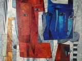 peinture abstraite représentant un homme et une femme en rouge et bleu