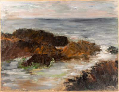 an oil painting of a rocky beach with a body of water in the background