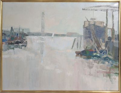 painting of a view of a harbor with boats and a lighthouse in the distance