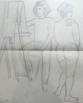 pencil drawing of two people standing in front of a easel