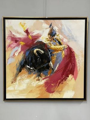 a painting of a bull and a man in a red cape