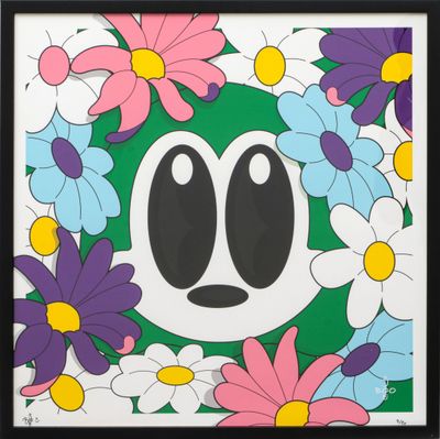 une image représentant un tableau où l'on voit un visage entouré de fleurs
