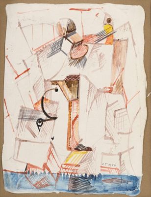 dessin représentant un homme avec une guitare et un chien assis sur une chaise