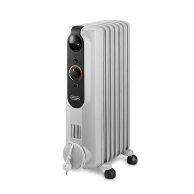 a close up of a white oil filled radiator on a white background