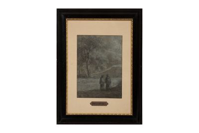a framed picture of two horses in a field with trees