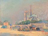 peinture représentant une ville avec un pont et une église