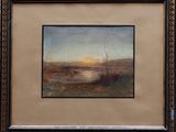 an oil painting of a landscape with a tree in the foreground