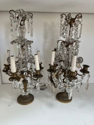 pair of antique brass and crystal candelabs