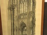 framed drawing of a gothic cathedral with stained glass windows