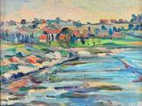 une peinture à l'huile représentant une rivière avec des maisons au loin
