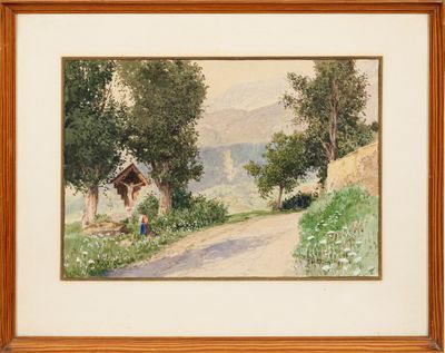 un tableau représentant une route de campagne avec une maison et des arbres