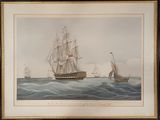 un vieux tableau représentant deux navires en pleine mer, avec un bateau au premier plan