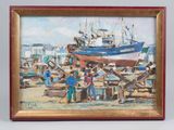 painting of a group of people standing in front of a boat