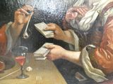 tableau représentant deux hommes assis à une table, avec un livre et un verre de vin