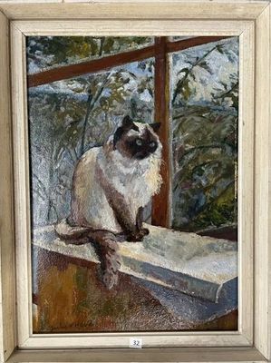 tableau représentant un chat siamois assis sur un rebord devant une fenêtre
