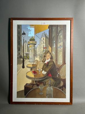 painting of a man sitting at a table with a glass of wine
