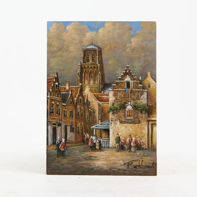 Vue de ville flamande animée Huile sur panneau signée Beckho…