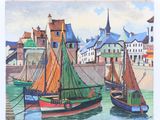 peinture de bateaux dans un port avec des bâtiments en arrière-plan