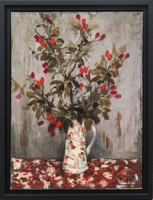 painting of a vase with red berries on a table cloth