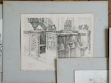 several drawings of a kitchen with a stove, sink, and cabinets