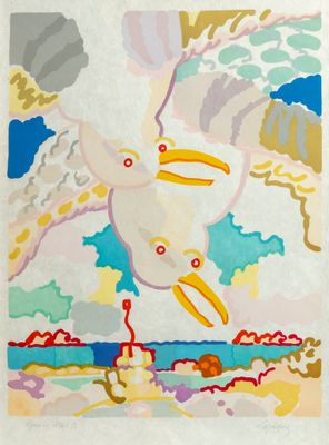 an image of a painting of a seagull flying over a beach