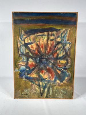 an oil painting of a flower in a vase on a white surface