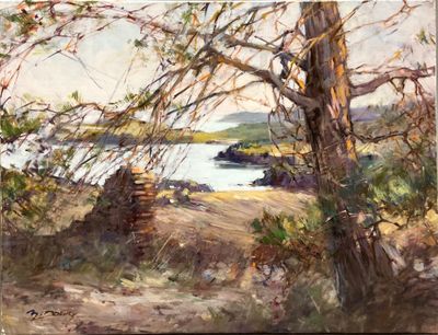 un tableau représentant une vue sur un lac depuis une colline