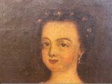 painting of a woman in a white dress with a tiable